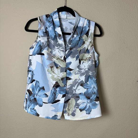 DAZY Shawl Collar Sleeveless Blue Floral Top Size Small - Picture 2 of 10
